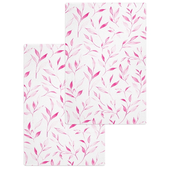 Pink Leaf Kitchen Dish Towels for Drying Dishes Set of 2, Modern Botanical Foliage Plant Country Flower Waffle Weave Microfiber Hand Tea Bathroom Towels Quick Dry & Absorbent Towel 15.7x23.6