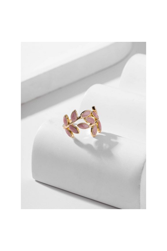Pink Leaf Motif Cuff Ring With Goldtone Metal And Pink Enamel Inlay