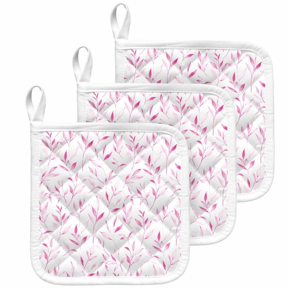 Pink Leaf Pot Holders for Kitchen Heatproof Potholder, 3 Pack Modern Botanical Foliage Plant Country Flower Hot Pads Multipurpose Oven Pads Cloth Potholders Trivet for Cooking Baking
