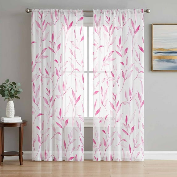 Pink Leaf Semi Sheer Curtains 72 Inch Length 2 Panels Set, Modern Botanical Foliage Plant Country Flower Sheer Kitchen Curtain Privacy Voile Window Curtain for Living Room Bedroom Rod Pocket Drapes