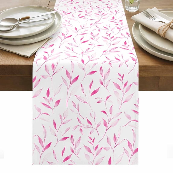 Pink Leaf Table Runner - 60 Inch Long, Kitchen Dining Table Runner Dresser Scarves, Modern Botanical Foliage Plant Country Flower Farmhouse Decor for Coffee Tables Wedding Party Banquet
