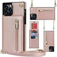 thumbnail image 1 of Pink Leather Phone Case with Card Slots Zipper Wallet Stand & Adjustable Shoulder Strap, Shockproof Soft Case for iPhone 13 Pro, 1 of 9