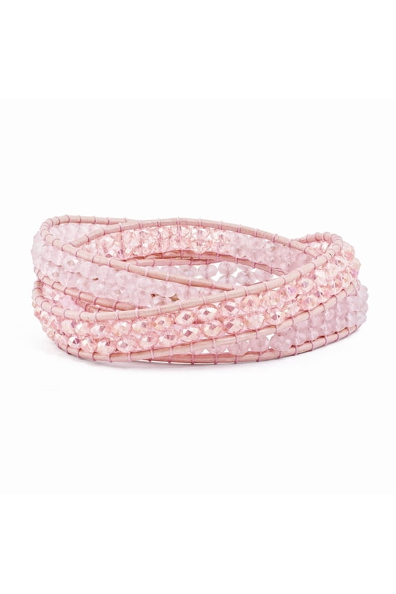 Pink Leather Rose Quartz Beaded Multi Wrap Brass Button Bracelet - Measures 7mm Wide