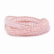 Pink Leather Rose Quartz Beaded Multi Wrap Brass Button Bracelet - Measures 7mm Wide