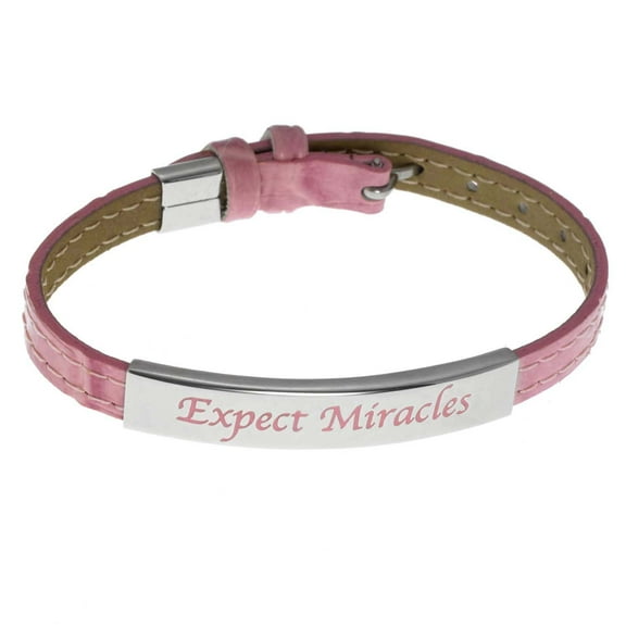 Pink Leather Strap Bracelet With "Expect Miracles" Engraved Plaque and Ribbon Charm