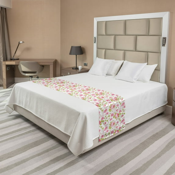 Pink Leaves Bed Runner, Vintage Style English Garden Themed Peony Pattern, Decorative Accent Bedding Scarf for Hotels Homes and Guestrooms, King, Pastel Pink Pale Pink, by Ambesonne