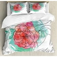 thumbnail image 1 of Pink Leaves Duvet Cover Set, Camellia in Grunge Watercolor Effect, Decorative 3 Piece Bedding Set with 2 Pillow Shams, King Size, Turquoise Coral, by Ambesonne, 1 of 3