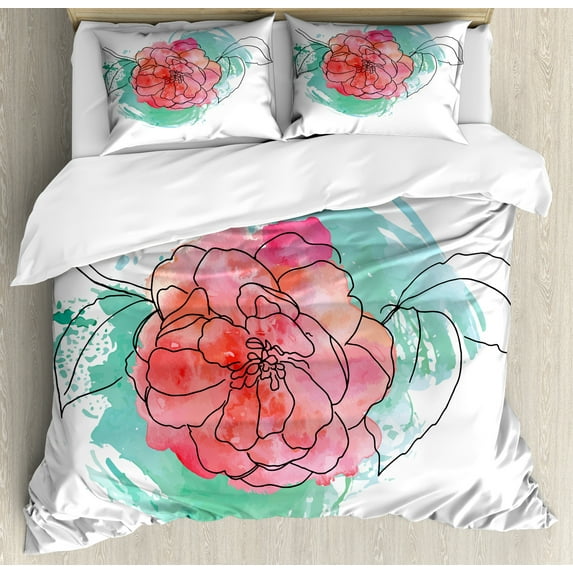 Pink Leaves Duvet Cover Set, Camellia in Grunge Watercolor Effect, Decorative 3 Piece Bedding Set with 2 Pillow Shams, King Size, Turquoise Coral, by Ambesonne