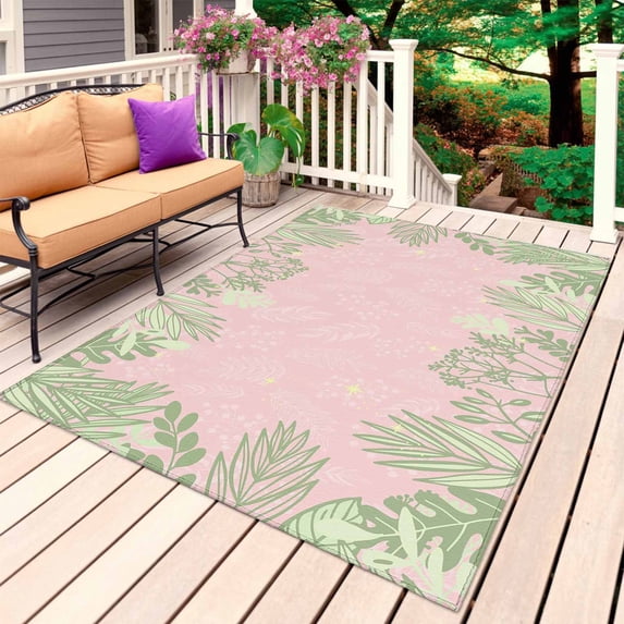 Pink Leaves Outdoor Rug 6x9 Ft, Non Slip Washable Area Rug, Green Summer Botanical Pastoral Patio Rugs Carpet Runner, Large Floor Mat for Indoor/Outdoor Deck Porch Camping