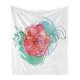 thumbnail image 1 of Pink Leaves Soft Flannel Fleece Throw Blanket, Camellia in Grunge Watercolor Effect, Cozy Plush for Indoor and Outdoor Use, 60" x 80", Turquoise Coral, by Ambesonne, 1 of 5