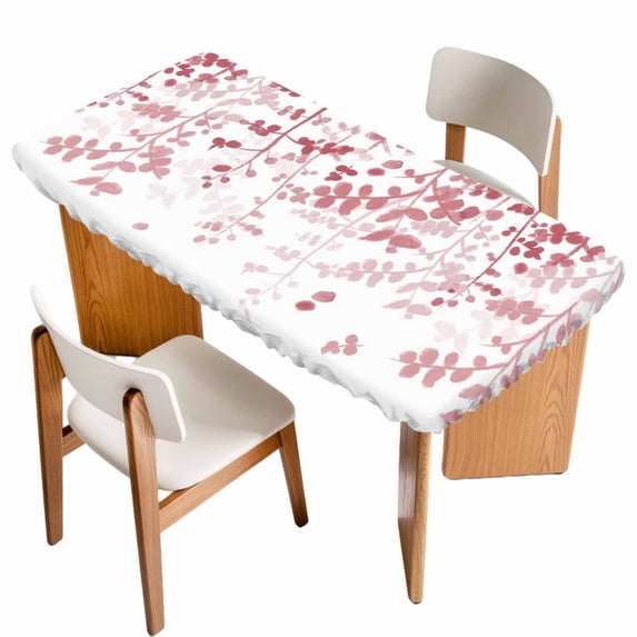 Pink Leaves Table Cloths for 6 Foot Rectangle Tables, Summer Botanical Patio Waterproof Elastic Fitted Tablecloths, Washable Rectangular Table Cover for Camping