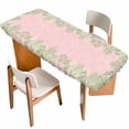 thumbnail image 1 of Pink Leaves Table Cloths for 8 Foot Rectangle Tables, Green Summer Botanical Pastoral Patio Waterproof Elastic Fitted Tablecloths, Washable Rectangular Table Cover for Camping, 1 of 8