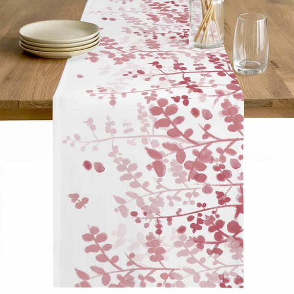 Pink Leaves Table Runner - 108 Inch Long Summer Botanical Cotton and Linen Blended Dress Scarves Farmhouse Table Runner for Kitchen Dining, Coffee Table, 13" x 108"