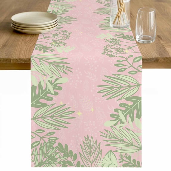 Pink Leaves Table Runner - 90 Inch Long Green Summer Botanical Pastoral Cotton and Linen Blended Dress Scarves Farmhouse Table Runner for Kitchen Dining, Coffee Table, 13" x 90"