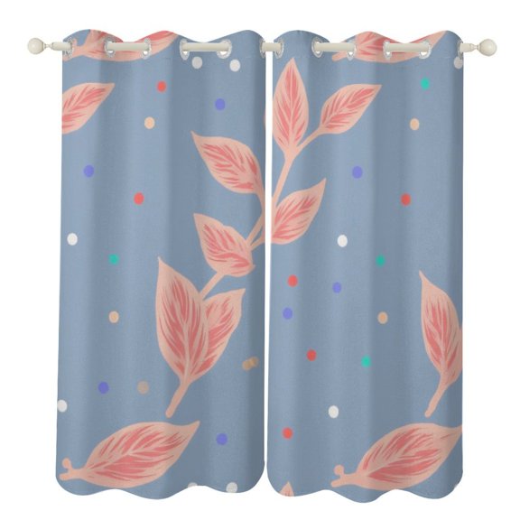 Pink Leaves on Blue with Dots 2 Panels 3D Printing Pattern Curtain for Bedroom Living Room Kitchen Window Decoration Home