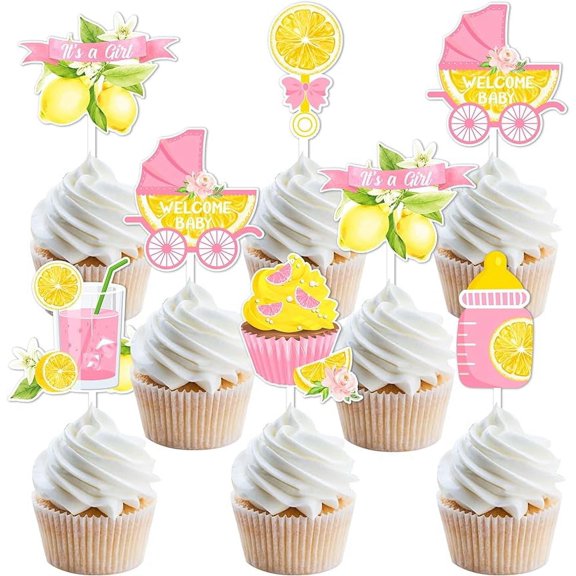 Pink Lemon Baby Shower Decorations - 24PCS Lemon Cupcake Toppers, Pink and Yellow Lemonade Baby Shower Decorations for Girl, Lemon Cake Decorations for Lemon Baby Shower Gender Reveal Party