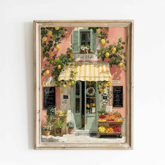 Pink Lemon Fruit Shop With Mint Shutters And Yellow Awning Wall Art