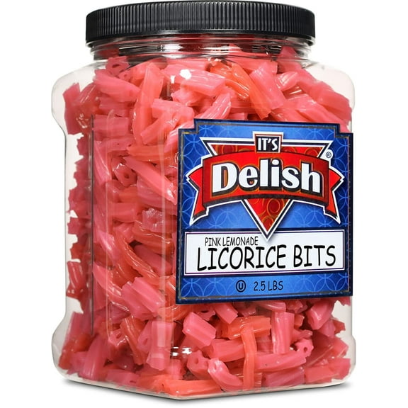 Pink Lemonade Licorice Bits by Its Delish, 2.5 LBS 40 Oz Jumbo Container Jar Original Style Chewy Lemonade Flavor Candy Twists Great Gifts Party Sweets Made in USA, Vegan, Kosher