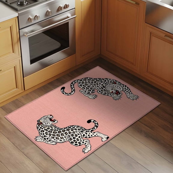 Pink Leopard 2x3 Rug for Entryway Front Door Kitchen Sink Area, Modern Style Wild Animal Rustic Linen Texture Low Pile Washable Non Slip Rectangle Area Rug