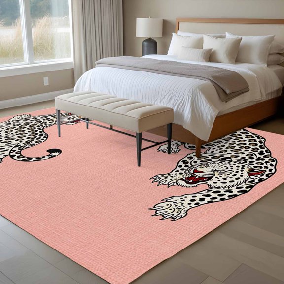 Pink Leopard 6x9 Rug for Dining Room Table and Chair Setup, Modern Style Wild Animal Rustic Linen Texture Low Pile Washable Non Slip Rectangle Area Rug