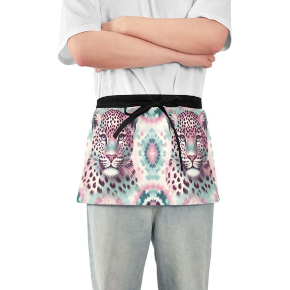 Pink Leopard Animal Server Apron with 3 Pockets Waterproof Waitress Waist Short Apron for Man Woman 12 Inches