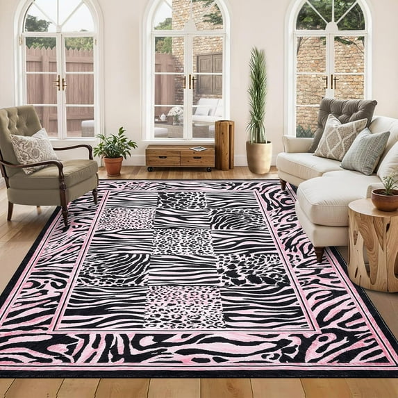 Pink Leopard Area Rug for Living Room, 5x7, Washable, Soft Patchwork Print, Non-Slip, Foldable, Indoor Floor Carpet, Nursery, Dining Room