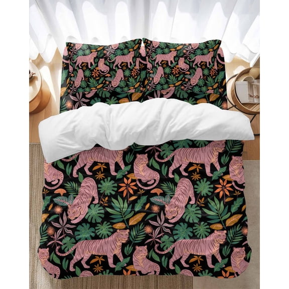 Pink Leopard Bedding Duvet Cover Set Queen Size 4 Pieces Green Palm Leaf Orange Leaves Bedding Set with Zipper Closure, 1 Comforter Cover 90x92 Inches 1 Flat Sheet & 2 Pillow Cases