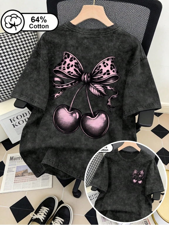 Pink Leopard Bow Cherry Graphic Vintage Oversized Washed High Street Grunge Y2K Short Sleeve Crewneck Cotton Unisex Men's Women's Tee Shirt
