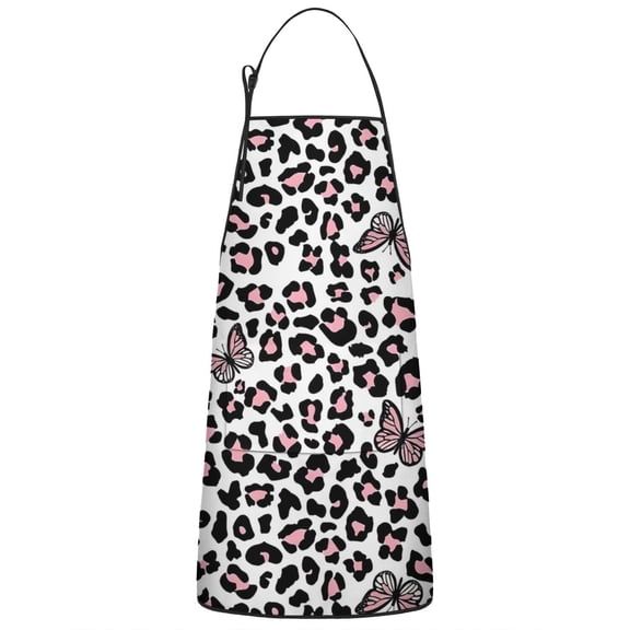 Pink Leopard Butterfly Pattern Apron-Garden Aprons for Women with Pockets-Cotton Linen Waterproof Kitchen Cooking Gardening Aprons Adjustable for Kitchen,Cooking,BBQ and Salon 33x27 Inch