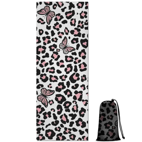 Pink Leopard Butterfly Pattern Hot Yoga Mat Towel Non Slip for Hot Yoga - Quick-Drying Yoga Mat Cover with 4 Corner Pockets with Travel Bag - Hot Yoga Towel Non Slip 70"x26"