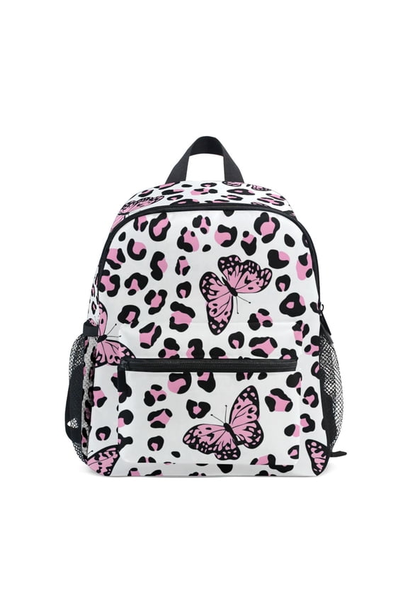 Pink Leopard Butterfly Pattern Mini Backpack Cute Small Backpack with Chest Strap and Whistle Ages 3-8