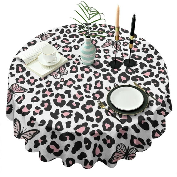 Pink Leopard Butterfly Pattern Round Tablecloth 60"x60",Wrinkle Wipeable Table Cloth for Kitchen Dining Room Picnic Patio Party