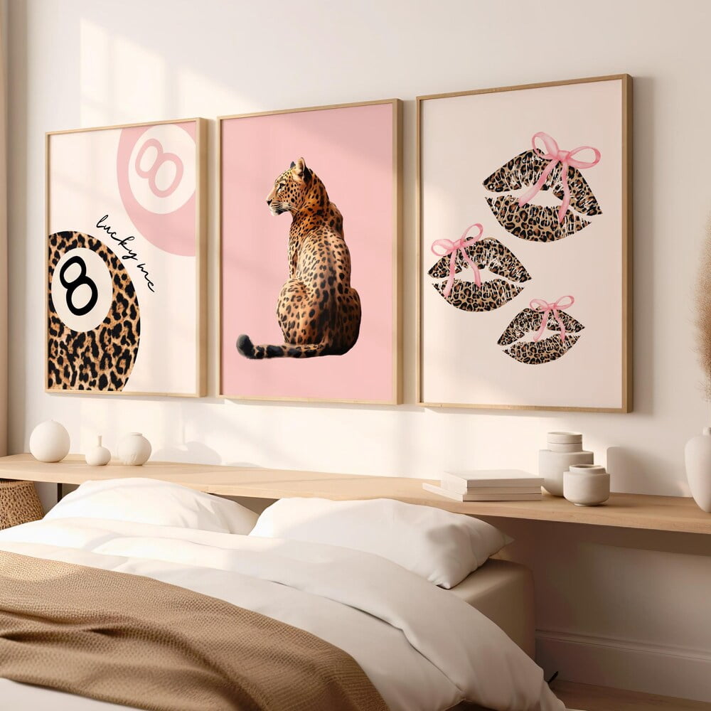 Pink Leopard Cheetah Kiss 8 Ball Lucky Preppy Wall Art Set 3 Stretched ...