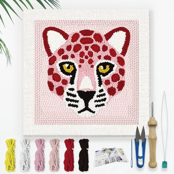 Pink Leopard DIY Punch Needle Embroidery Kit for Adult Beginner 9.4" Pink Leopard Punch Stitching Craft Set for Starter with Frame Fabric Pattern Threader Yarn Pinch Needle for DIY