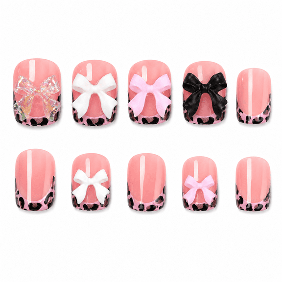 Pink Leopard French Tip Press on Nails, Short Square Glossy False Nails with Raised Bow Accent, 96 Count