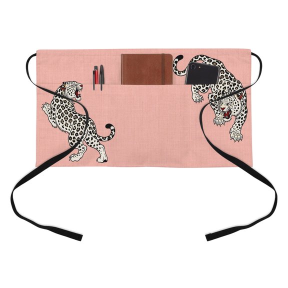 Pink Leopard Half Waist Apron Modern Style Wild Animal Rustic Linen Texture Short Waiter Aprons with 3 Pockets for Women Men Kitchen Restaurant Cooking