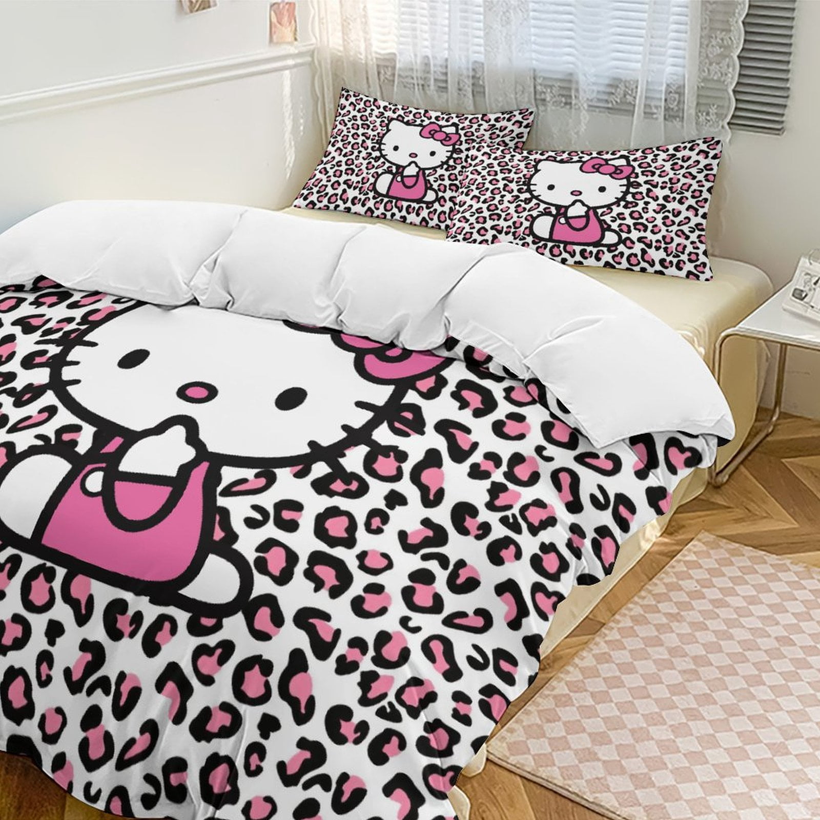 Pink Leopard Hello Kitty Comforter Set Soft 3 Pcs Full Bedding Sets ...