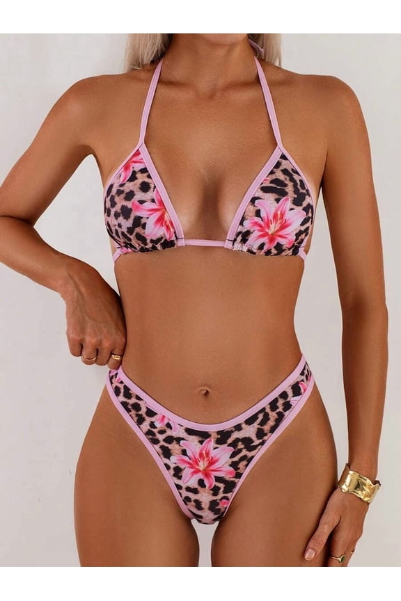 Pink Leopard & Lily Print Halter Triangle Bikini Set Womens Swimsuit