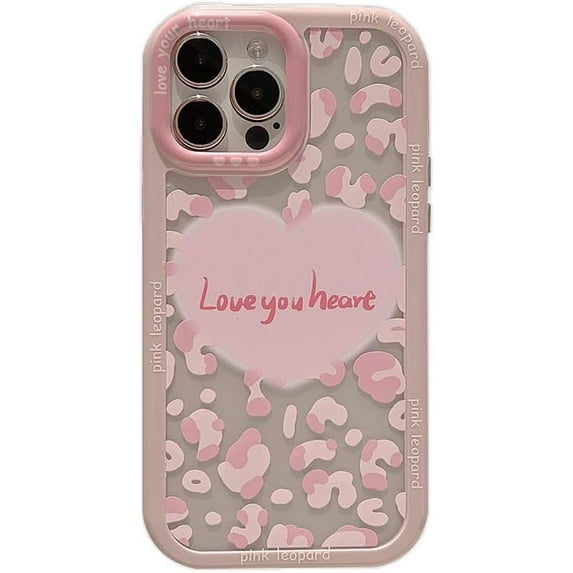 Pink Leopard Love Heart Letters Clear Soft for iPhone Case (Pink,iPhone 13)
