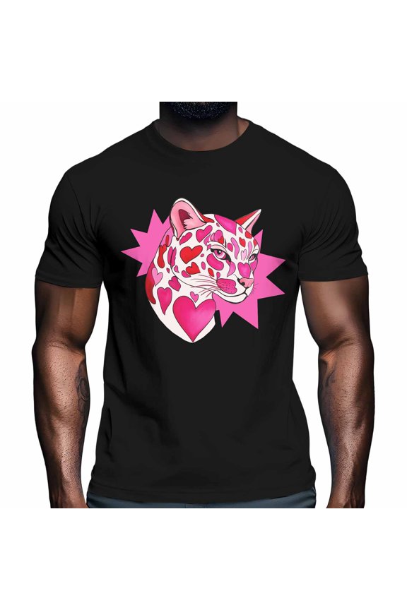 Pink Leopard Men's T Shirts Abstract Pink Love Leopard Animals T-Shirt for Men Crew Neck Tees Cotton Tops Black, M