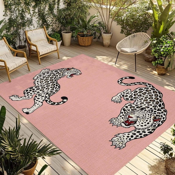 Pink Leopard Outdoor Rug 4x6 ft Modern Style Wild Animal Rustic Linen Texture Non Slip Patio Rug Washable Absorbent Large Outdoor Carpet Outside Mat for Porch RV Garden Camping