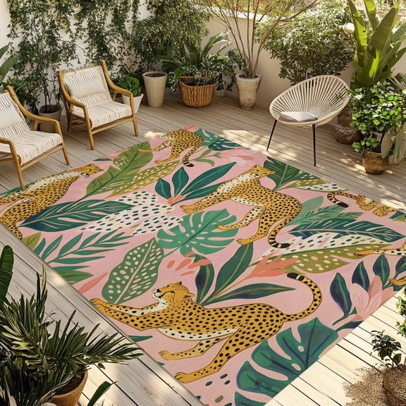 Pink Leopard Outdoor Rug for Patio/Deck/Porch, Non-Slip Large Area Rug 3 x 5 Ft, Summer Botanical Tropical Leaves Indoor Outdoor Rugs Washable Area Rugs, Reversible Camping Rug Carpet Runner