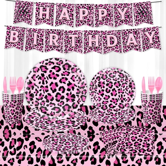 Pink Leopard Party Tableware Set,Pink Cheetah Plates, Napkins and Forks,Spoons,Cup,Tablecloth,Cake Topper,Balloons,Disposable Dinnerware for Girls Birthday,Baby Shower,Safari Party Supplies