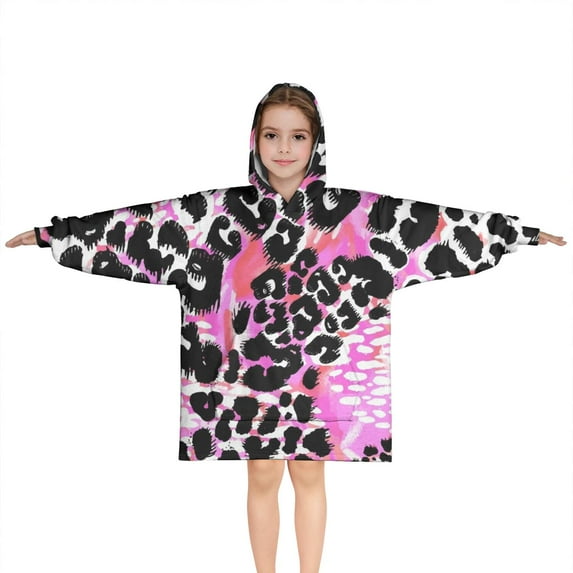 Pink Leopard Pattern Blanket Hoodies for Kids 6-13YR Oversize Wearable Blanket Hoodies for Boys Girls Teens