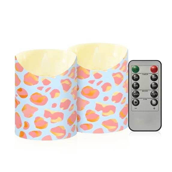 Pink Leopard Pattern Flameless Candles 2 PCS with Remote Realistic Moving Flame LED Tapered Pillar Set for Home Decor