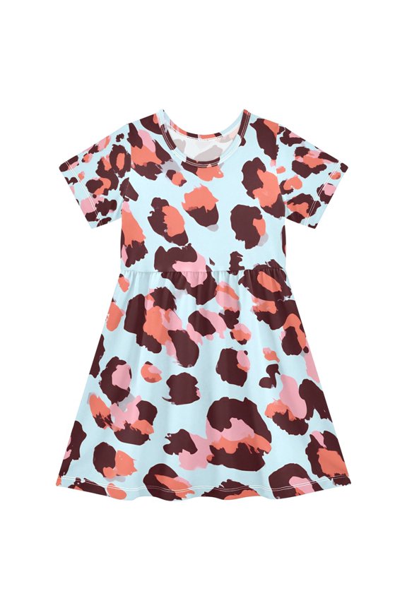 Pink Leopard Pattern Girls Short Sleeve Dress A Line Sun Protection Breathable Comfort Sundress 3T