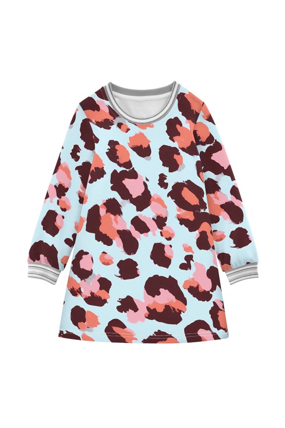 Pink Leopard Pattern Girls'long-sleeved dress Thickened A-dress Warm Dress Basic Shirt Party Dresses