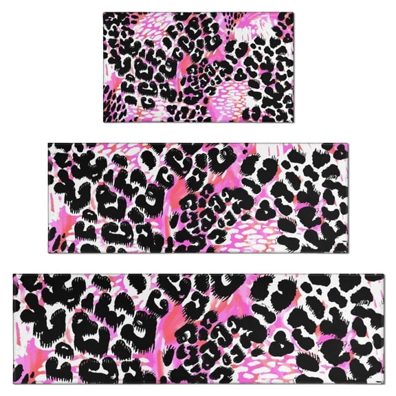 Pink Leopard Pattern Kitchen Rugs Sets Of 3,Kitchen Runner Rugs Non Skid Washable,Decorative Kitchen Floor Mats for Kitchen,Sink,Laundry,17"x30"+ 17"x47" + 17"x59"