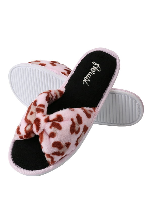 Pink Leopard Plush Memory Foam Thong Slippers – Non-Slip Rubber Sole for Indoor, Outdoor & Spa Use