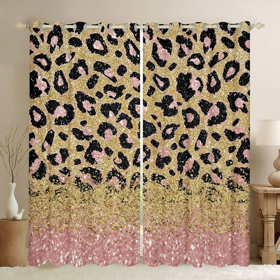 Pink Leopard Print 30%-50% Blackout Curtains Gold Sequins Print Curtains for Living Room,Wild Animal Hide Cheetah Curtains And Drapes 2 Panels (38Wx45L)